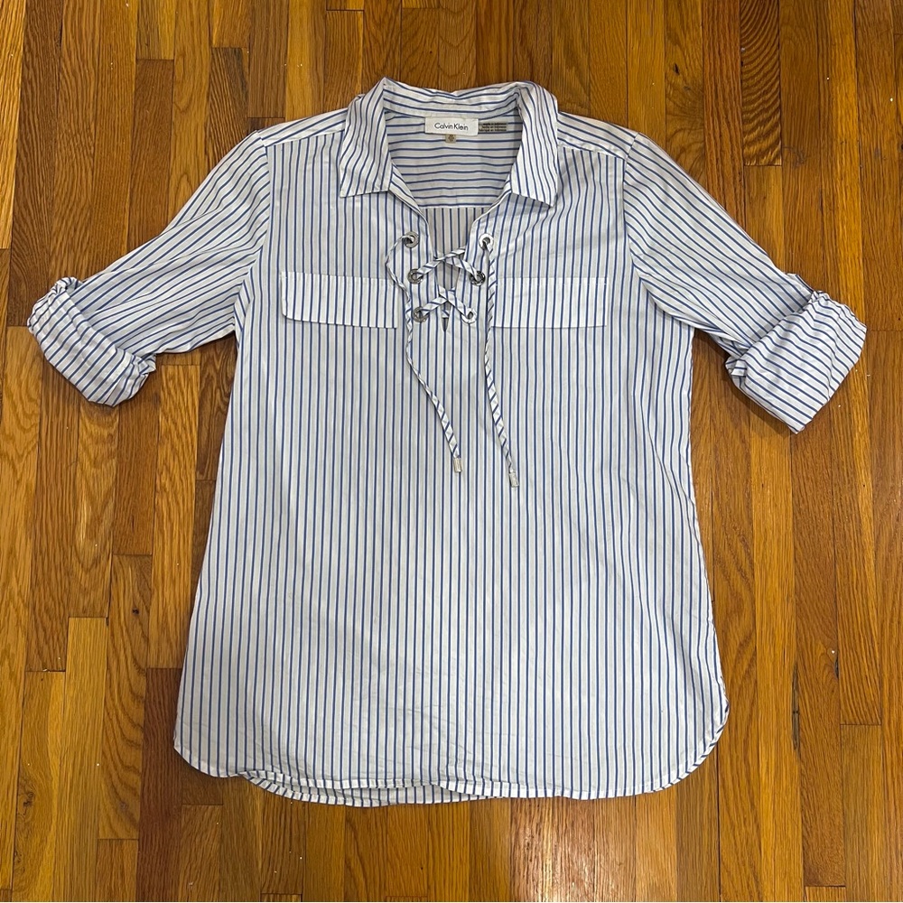 Calvin Klein Blue/White Striped Long Sleeve Lace-up Tunic Blouse - Women's XS